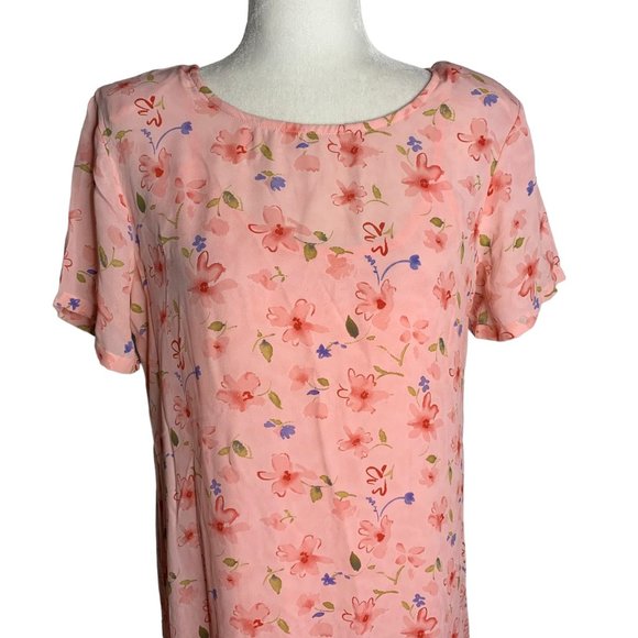 Vintage 90s Cottagecore Maxi Dress M Pink Slip Short Sleeve Round Neck Shift - Picture 2 of 7